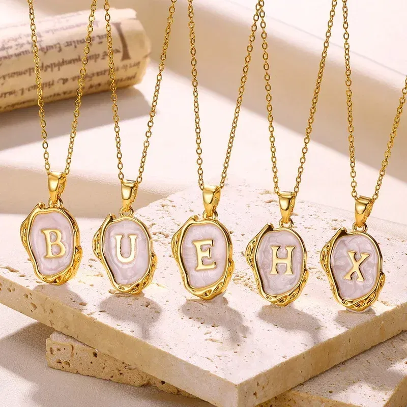 Metal Color: Platinum Plated, Length: 40cm - Y2K Stainless Steels Drip Oil 26 Letter Necklaces for Women Men Alphabet A-Z Initials Pendant Necklace Aesthetic Jewelry Gift