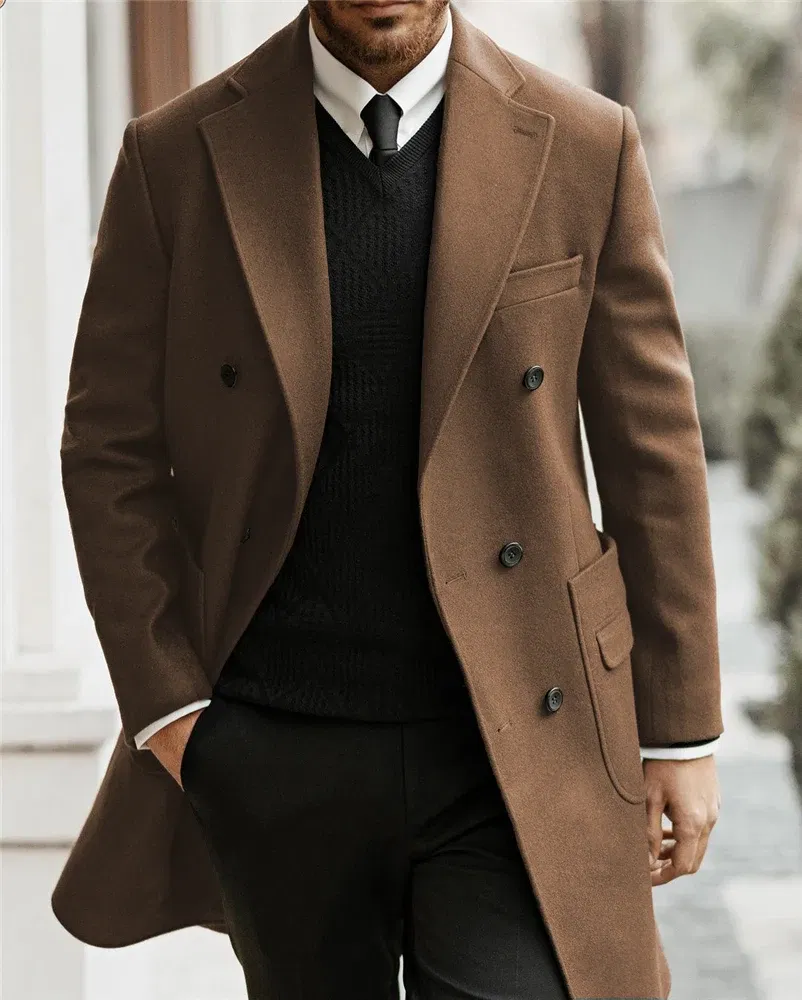 Color: Beige, Size: One Size - Classic Man Trench Coat Customized Notched Lapel Full Man Terno Double Breasted Elegant Gentleman Long Coat Men's Winter Jacket