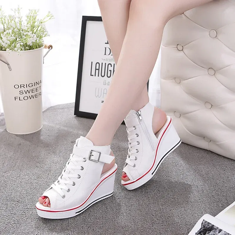 Color: WHITE, Shoe Size: 36 - Spring Summer Women's Height Increasing Platform Canvas Fish Mouth Shoes Open Toe Hollow Canvas Wedge Shoes Zapatos Para Mujer