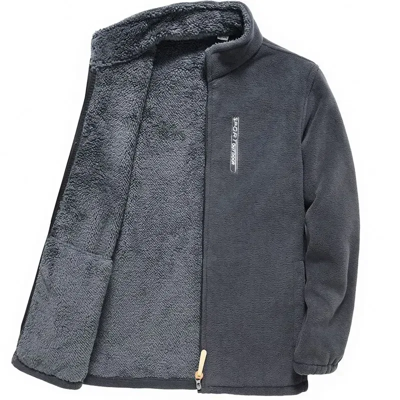 Color: Dark Grey, Size: XXL - Men's Fleece Zip Up Outerwear Zipper Fleece-lined Stand Collar Thickened Outdoor Jacket Windproof Polar Fleece Coldproof Jackets