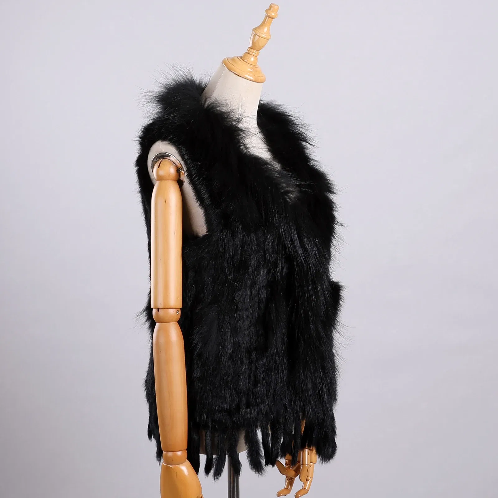 Color: black, Size: XL - Luxury Women's Genuine Premium Long Hair Rabbit Fur Knit Vest Raccoon Fur Trim Gilet Lady Sleeveless Waistcoat Real Fur Jacket