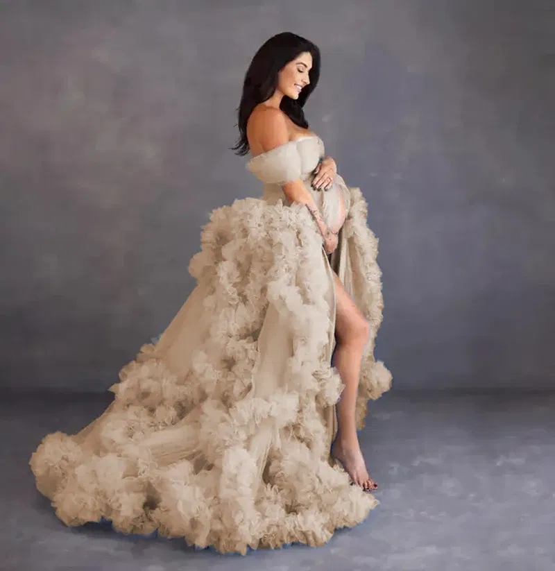 Color: Champagne, Maternity Size: S, Ships From: CHINA - Tulle Long Maternity Dress Photoshoot п?»?°?‚ь?µ photography dresses baby shower dresses for pregnant woman п?»?°?‚ь?µ д?»я ?±?&micr