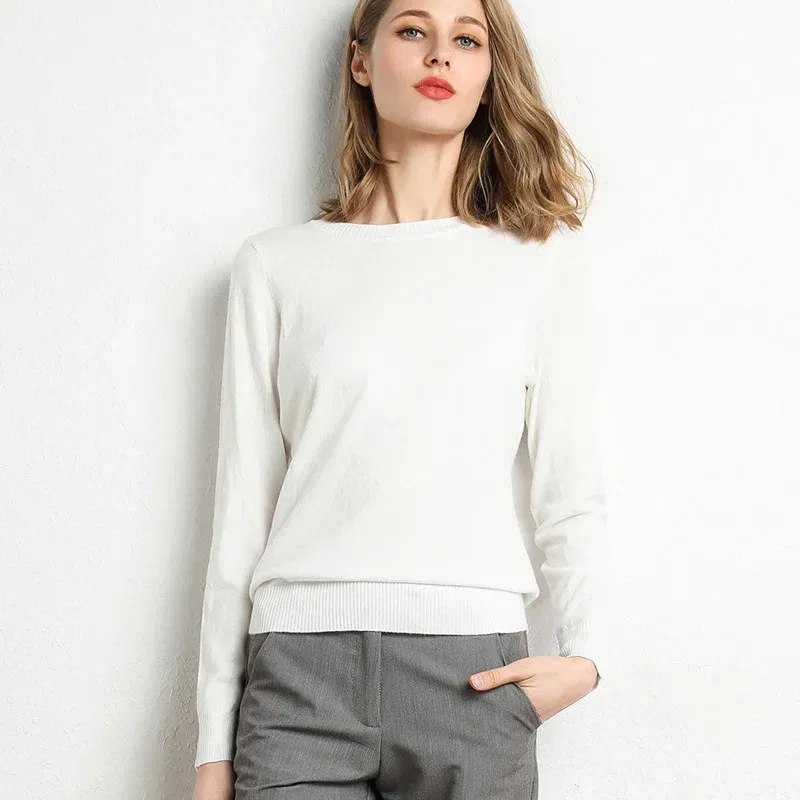 Color: Blue, Size: L - Women Slim O-Neck Solid Pullover Cashmere Wool Blending Sweater Autumn And Winter Long-Sleeved Knit Bottoming Shirt Large Size