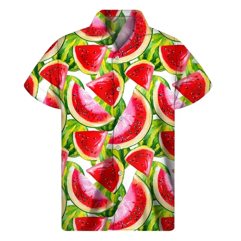 Color: green, Size: 5XL - Tropical Watermelon Graphic Hawaiian Shirt Summer Street Short Sleeves 3d Printed Fruits Button Shirts Men Clothes Lapel Blouse