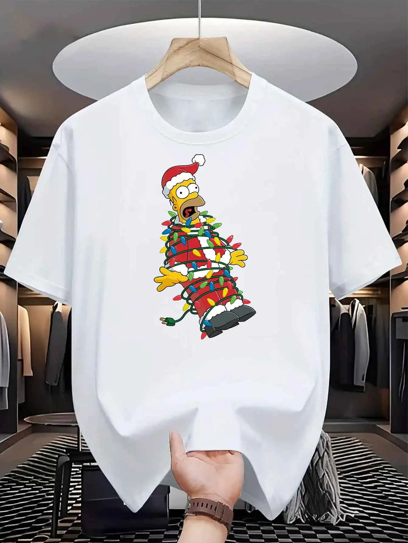 Size: XXL, Color: Champagne - Disney Homer Simpson & Bart'S Christmas Men T-Shirt Print Summer Cotton Women Tee Streetwear Casual Oversize Short Sleeve O-Neck