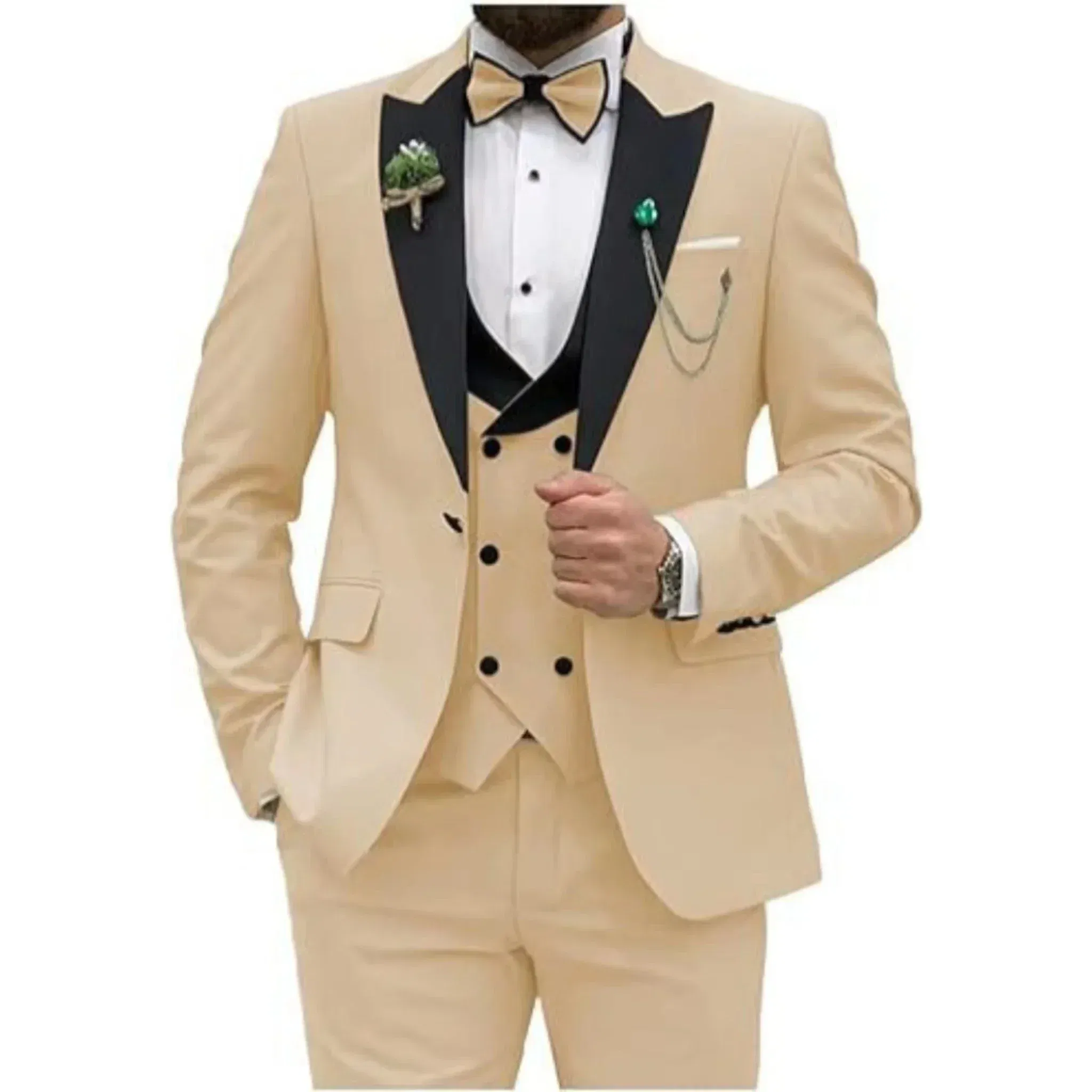 Color: Champagne, Size: One Size - Men Suit Colorful Luxury Blazer Vest And Pant Sets 3 Piece Birthday Dress Business  Prom Evening Party Costumes High Quality