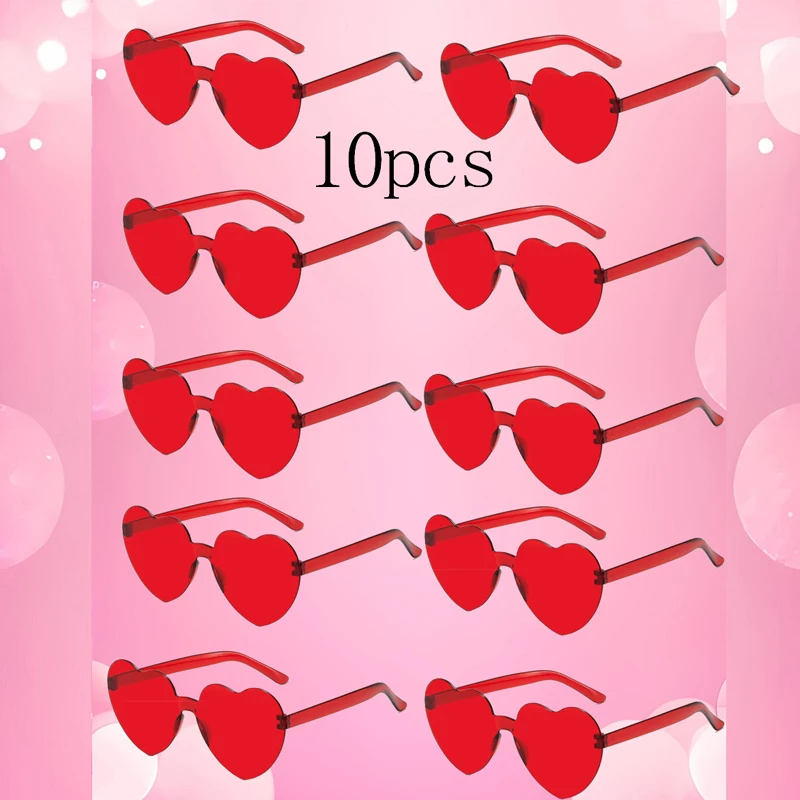 Lenses Color: Red - 10PC Heart Sunglasses Love Sunglasses Jelly Color Frameless Heart-shaped One-piece Glasses Dazzling Color Glasses