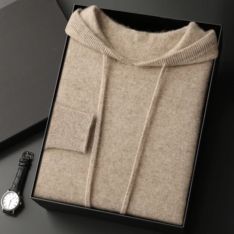 Color: Brown, Size: XL - MEETCC Luxury Men Cashmere Hooded Pullover Thick Warm Hoodie Sweater Autumn Winter 100% Cashmere Knitwear Quality Jumpers Tops