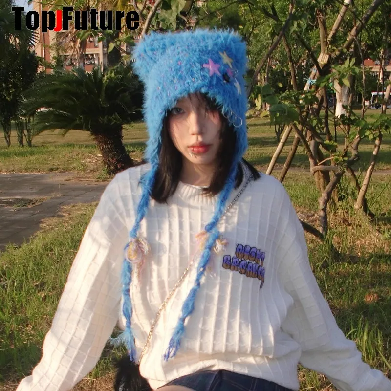 Color: green - Y2K girl Harajuku Gothic Lolita cat Ear Hat Women Punk Designer Winter Beanie Hat Gothic lolita streetwear StarAccessories Cap