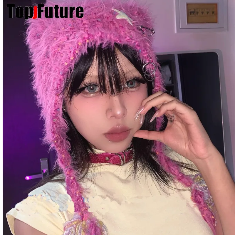 Color: green - Y2K girl Harajuku Gothic Lolita cat Ear Hat Women Punk Designer Winter Beanie Hat Gothic lolita streetwear StarAccessories Cap