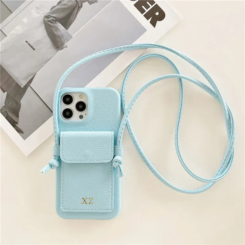 Color: SKY BLUE, Material: PP - Personalized Gold Silver Letters Leather PU Card Holder Lanyard Hard Case For iPhone 14 13 12 11 15 Pro Max XS XR 16  Plus Cover