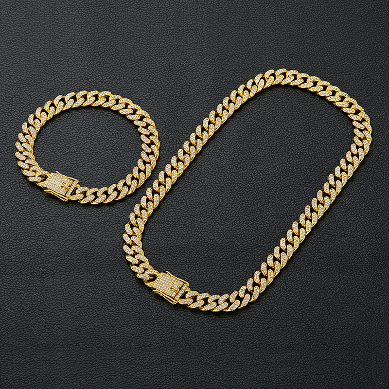 Metal Color: RED-BROWN, Length: 45cm - Men Women Hip hop Iced Out Bling Chain Necklace High quality 13mm width Miami Cuban Chain HipHop Necklaces Fashion Jewelry