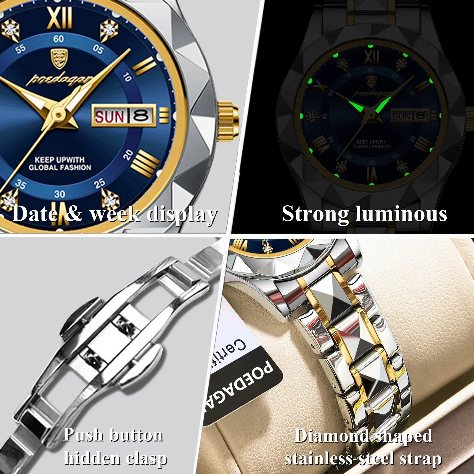 Color: Rose - POEDAGAR Luxury Ladies Dress Watch Luminous Waterproof Week Date Woman Wristwatch Stainless Steel Women Quartz Watches reloj+box