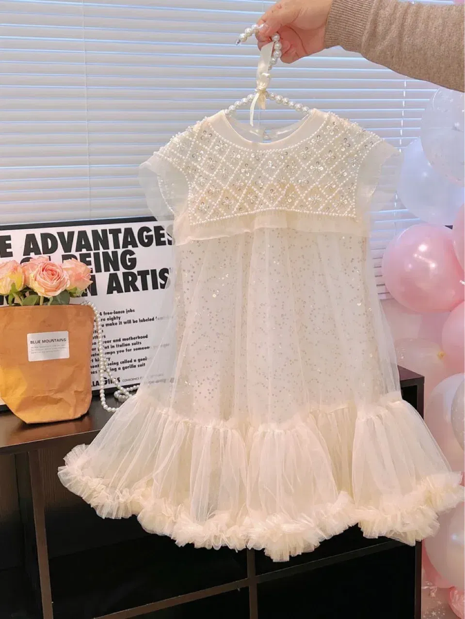 Color: Beige, Kid Size: 6 - Girls' Princess Dress 2023 Spring Summer Children's Wear Korean Pearl Neck Princess Dress Fashion Yarn Dress