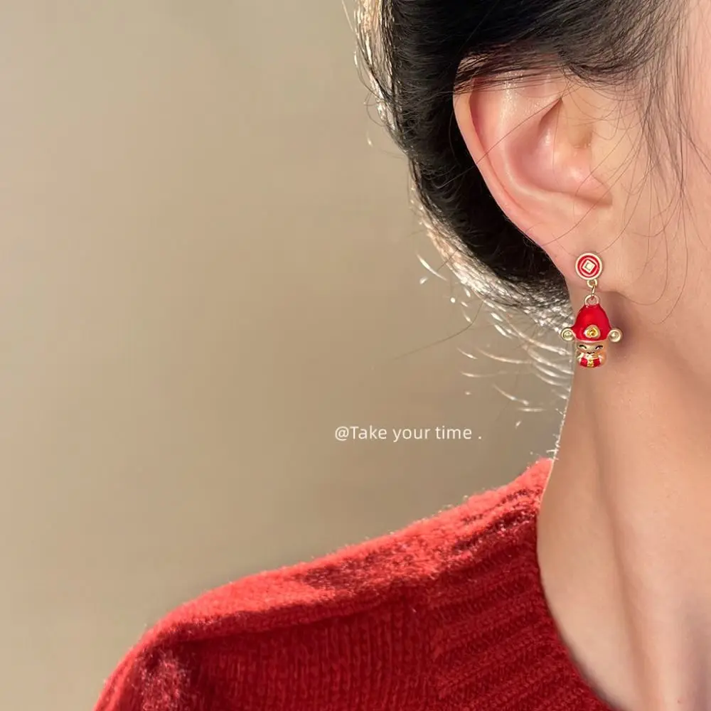 Metal Color: Hot Stamping - Chinese Style New Year Earrings Heart God of Wealth Snake Year Drop Earring Tassels Ear Decor 2025 Women Earrings Women