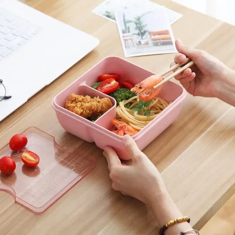 Color: Silver - 850/1100ML wheat straw lunch box bento box Microwave oven Students with lid canteen simple lunch box rectangular portable