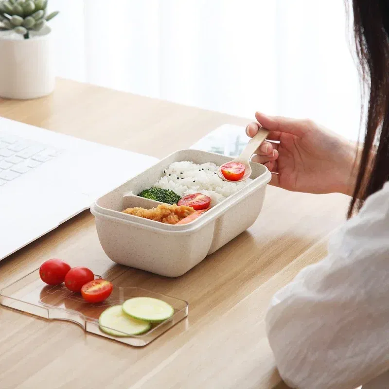 Color: Silver - 850/1100ML wheat straw lunch box bento box Microwave oven Students with lid canteen simple lunch box rectangular portable