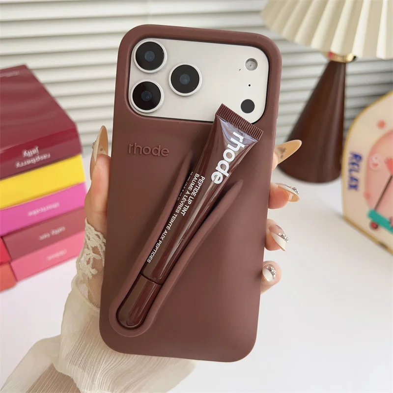 Material: Denim, Color: green, Bundle: Bundle1 - With Lipstick Phone Case for iPhone 17 13 14 15 16 17 Pro Max Plus 12 17 Air Silicone Lip Gloss Holder Hot INS Soft Cover Funda