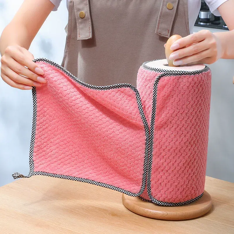 Color: Red - Kitchen Daily Dish Towel Cloth Kitchen Rag Non-stick Oil Thickened Table Cleaning Cloth Double-layer Absorbent Microfiber