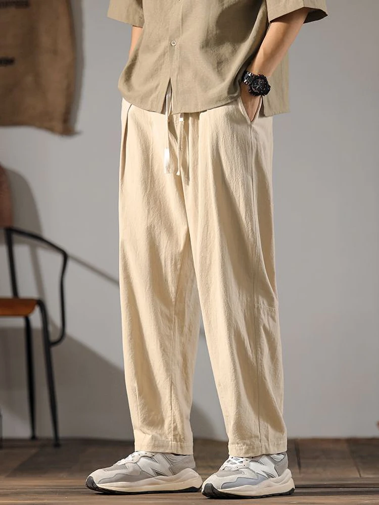 Color: green, Size: M - Japenese Cotton Linen Pants Men Summer Straight Casual Ice Silk Sweatpants Male Wide leg Oversize Linen Trousers 2024 New