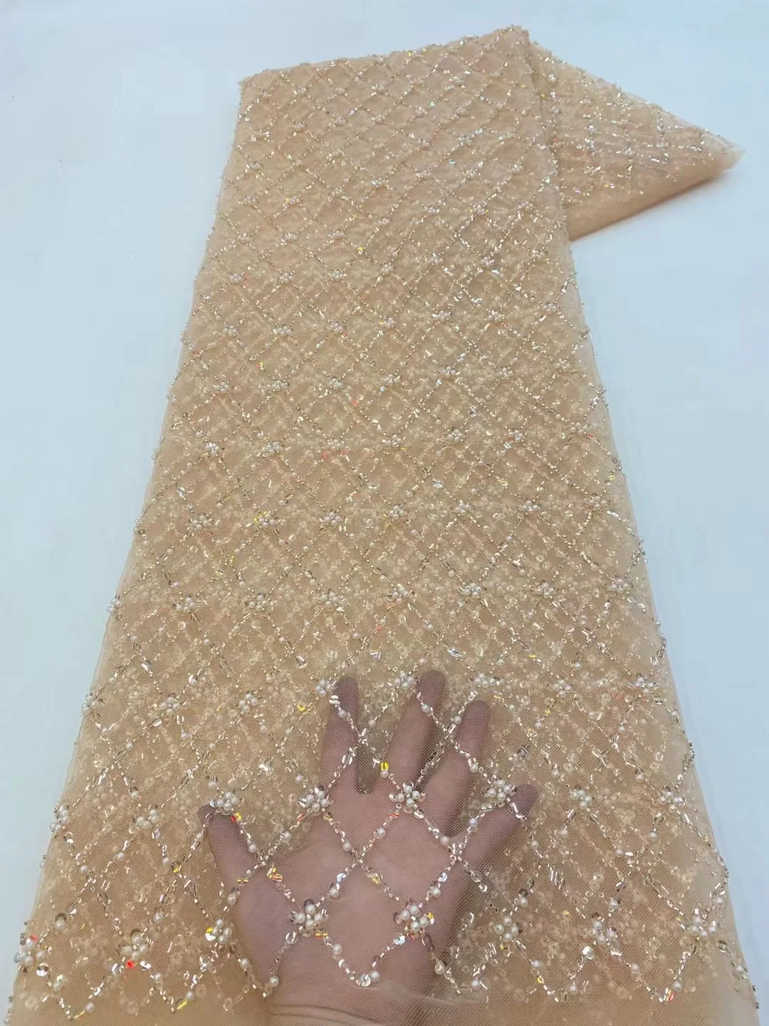 Color: Pink, length: 5 yards, Width: 120cm - African Lace Fabric 2024 French Beaded Lace Fabric Nigerian Sequins Embroidery Net Lace Fabrics For Bridal Party Dresses