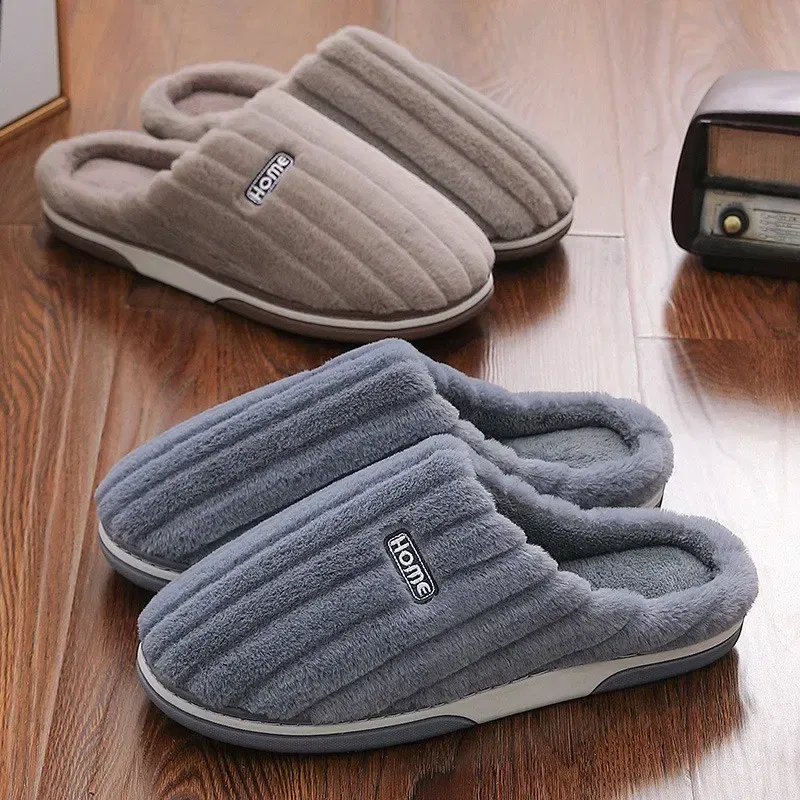 Color: Blue, Shoe Size: 40-41 - New Men Big Size 48 49 Winter Warm Slippers Women Soft Plush Furry Shoes Casual Flats Home Couples Bedroom Anti-Slip Slides