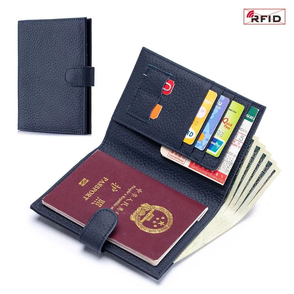 Color: GRAY - Genuine Leather RFID Travel Passport Cover Case Wallet Bag Card Holder Cowhide Coin Purse Document Cover Flight Men Women