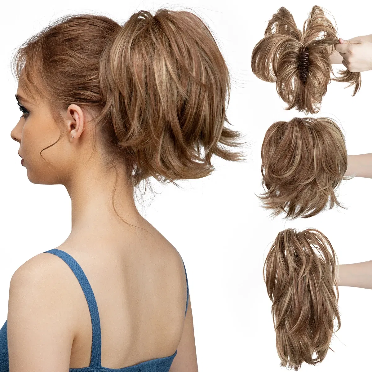 Color: T27/30/4, Bulk Buy: 1pc - Synthetic Claw Clip In Ponytail Hair Extensions Diy Hairpiece Hair Bun Fake Blonde Hair False Pigtail for Women