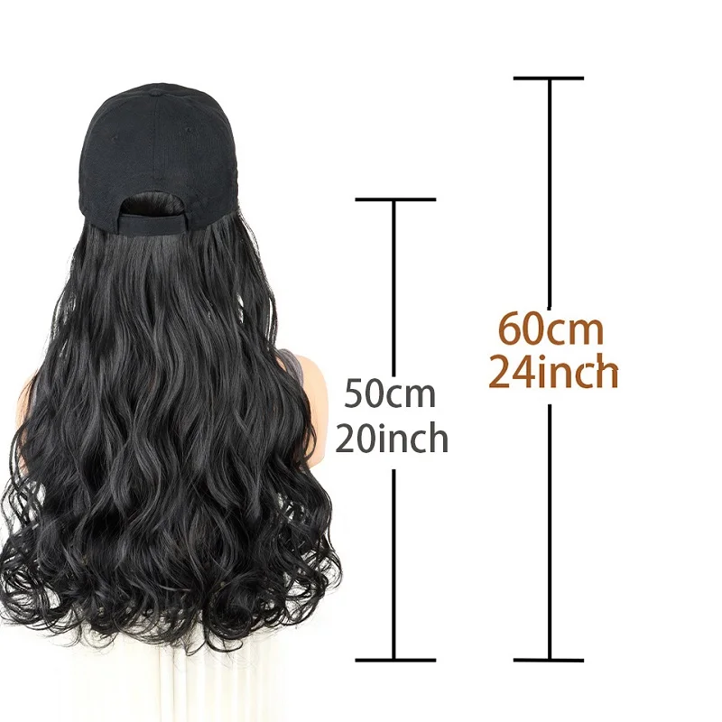 Color: #27 - 20Inch Synthetic Long Curly Hat Wig Baseball Cap Black Brown Hairpiece Adjustable Hat Wigs for Women