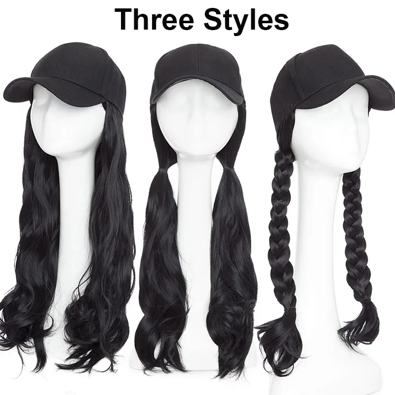 Color: #27 - 20Inch Synthetic Long Curly Hat Wig Baseball Cap Black Brown Hairpiece Adjustable Hat Wigs for Women