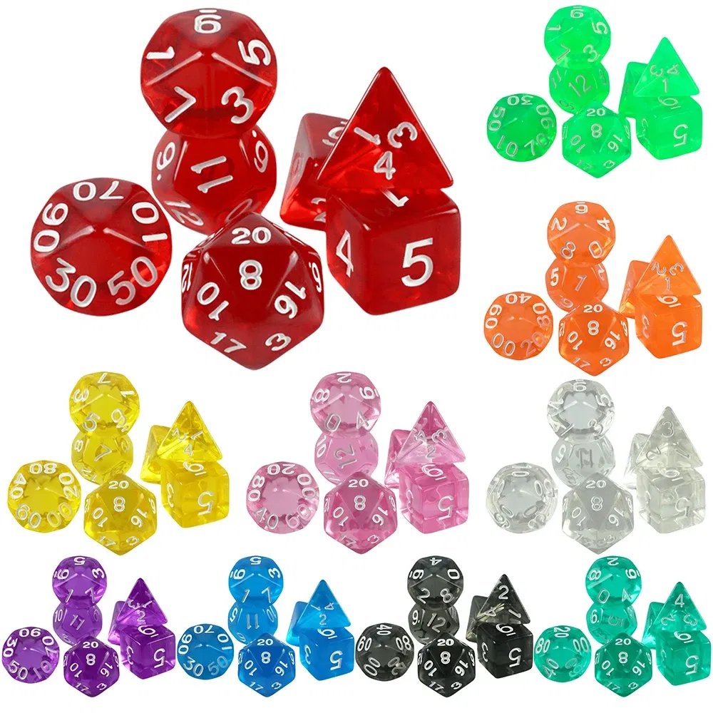 Color: green - High Quality 7 Pcs/set Transparent Crystal Digital Polyhedral Dice Sets D4-D20 , for DNDGame Dados Rpg Board Game