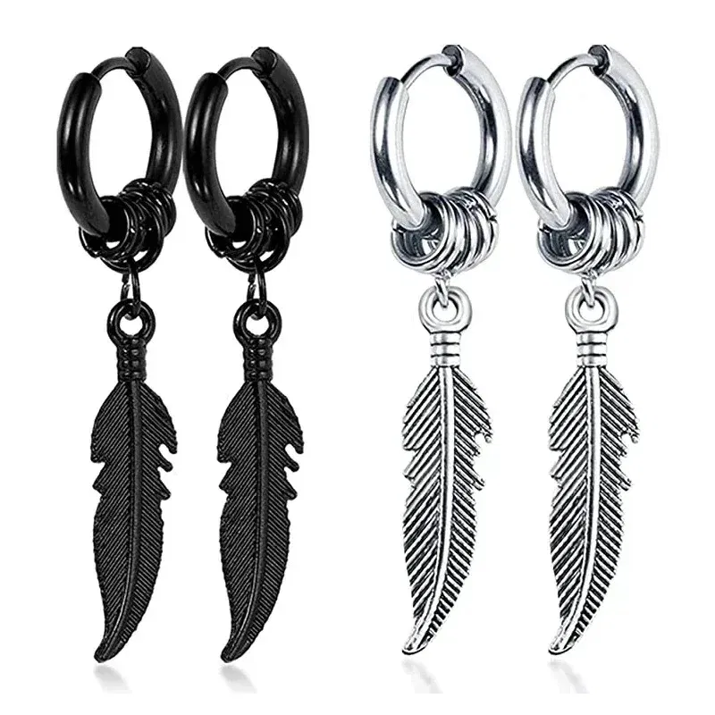 Metal Color: Rhodium Plated - 2pcs Fashion Cross Feather Stud Earrings, Punk Rock Style For Women Men High Quality Stainless Steel Hiphop Ear Jewelry