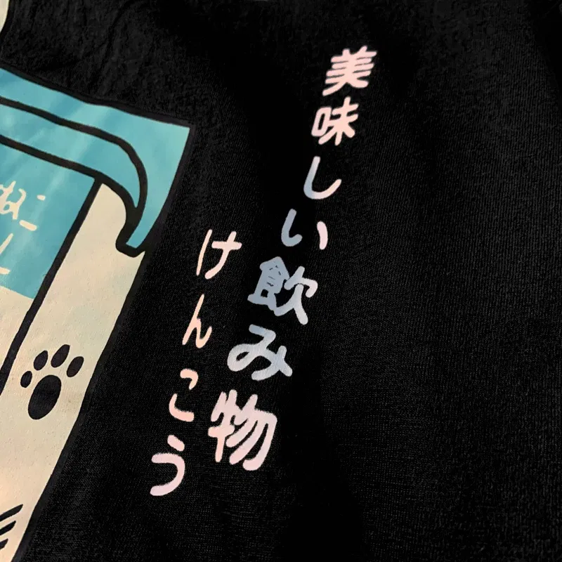 Color: green, Size: S - Cute Japanese Cat Print Oversized T-shirt men Women Short Sleeve Loose Casual Tee Shirt Streetwear Tops Cotton Harajuku Clothing
