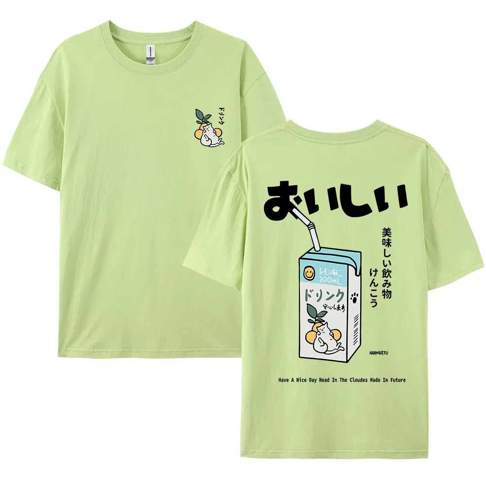 Color: green, Size: S - Cute Japanese Cat Print Oversized T-shirt men Women Short Sleeve Loose Casual Tee Shirt Streetwear Tops Cotton Harajuku Clothing