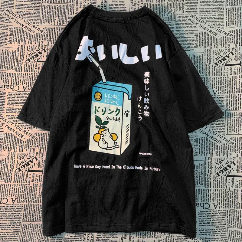 Color: green, Size: S - Cute Japanese Cat Print Oversized T-shirt men Women Short Sleeve Loose Casual Tee Shirt Streetwear Tops Cotton Harajuku Clothing