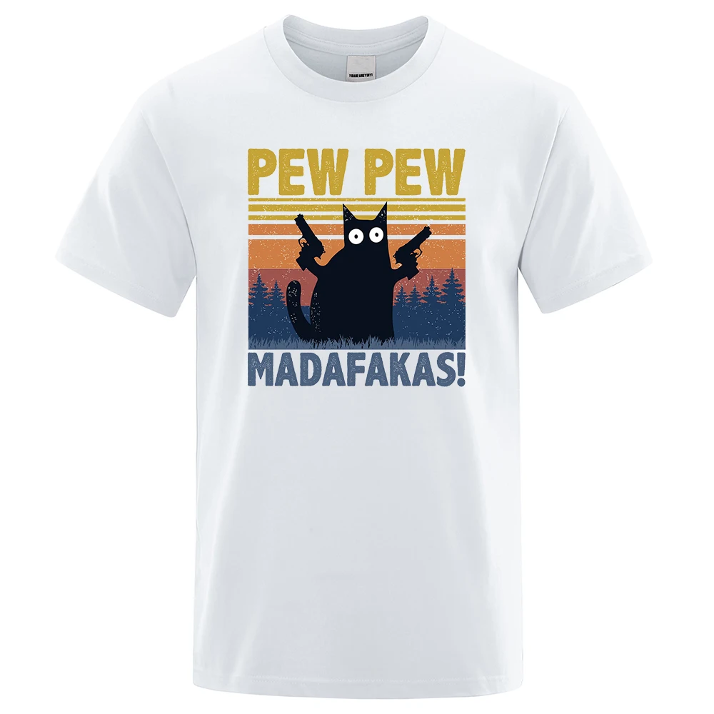 Color: WHITE, Size: XXXL - Pew Pew Madafakas Tshirt Men Short Sleeve Novelty Funny Cat T Shirt Cotton Oversize Tops Shirts Tee T-Shirt Crew Neck Streetwear