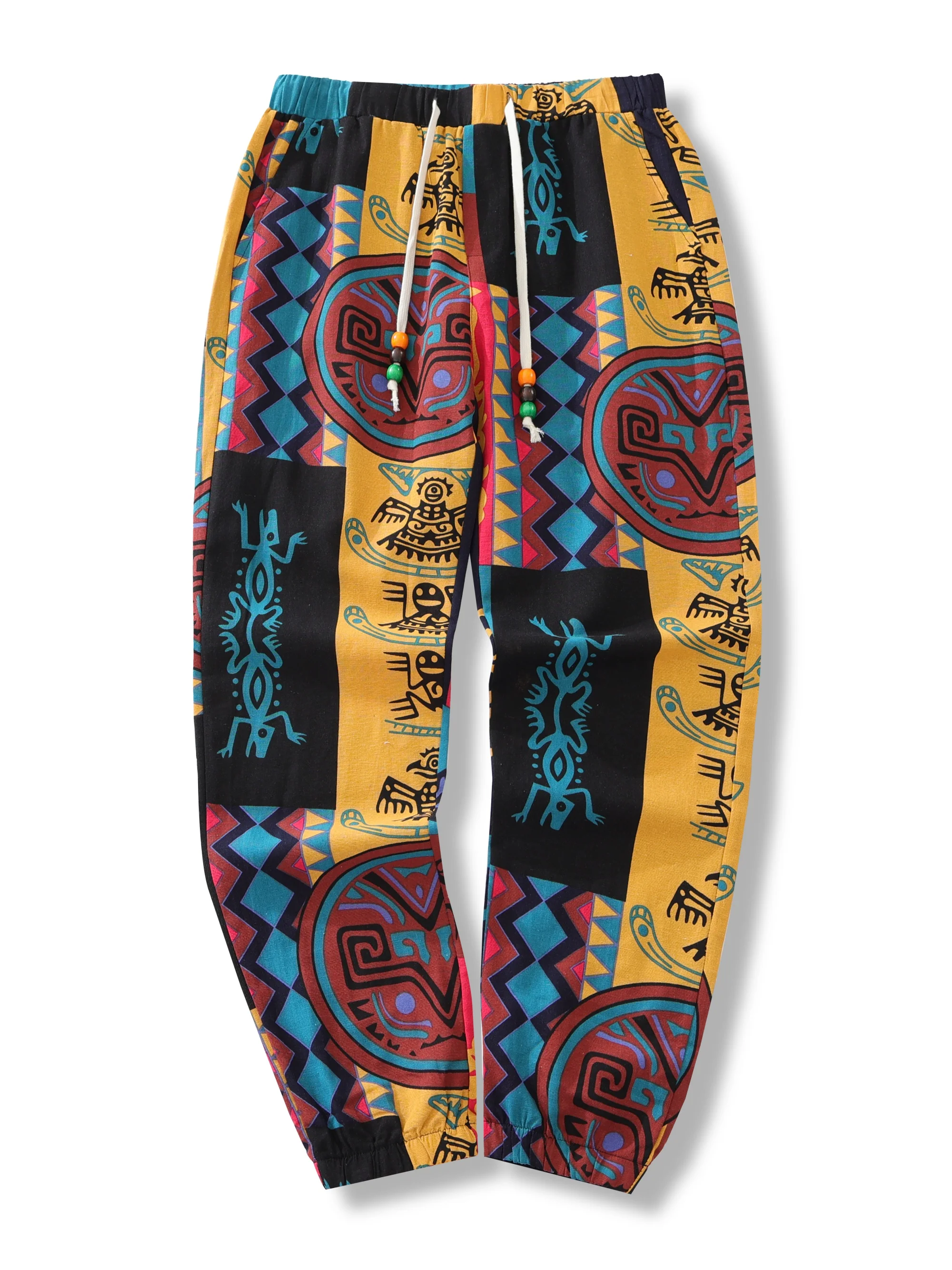 Color: SKY BLUE, Size: M - Mens Boho Tribal Print Stretch Linen Pnats Cotton Blend Drawstring LightWeight Trousers with Pockets Summer Jogger Pants