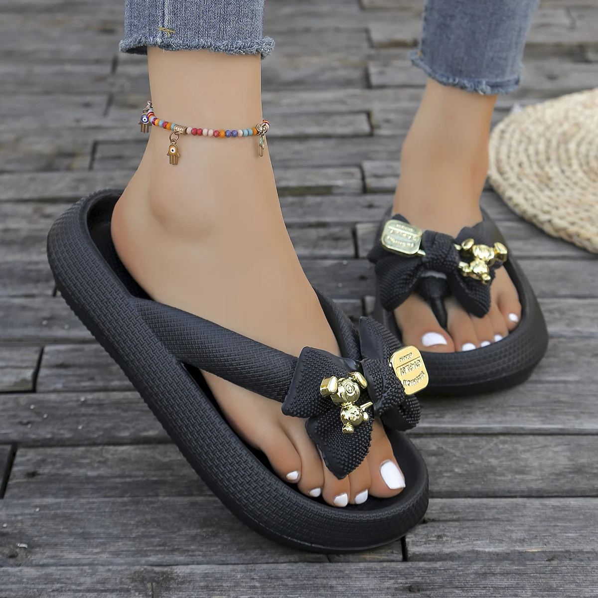 Color: ROYAL BLUE, Shoe Size: 38-39 - Summer Multi Color Women's Flip Flops Fashionable Metallic Teddy Bear Bow Slide Sandal Beach Vacation Home Versatile  Footwear