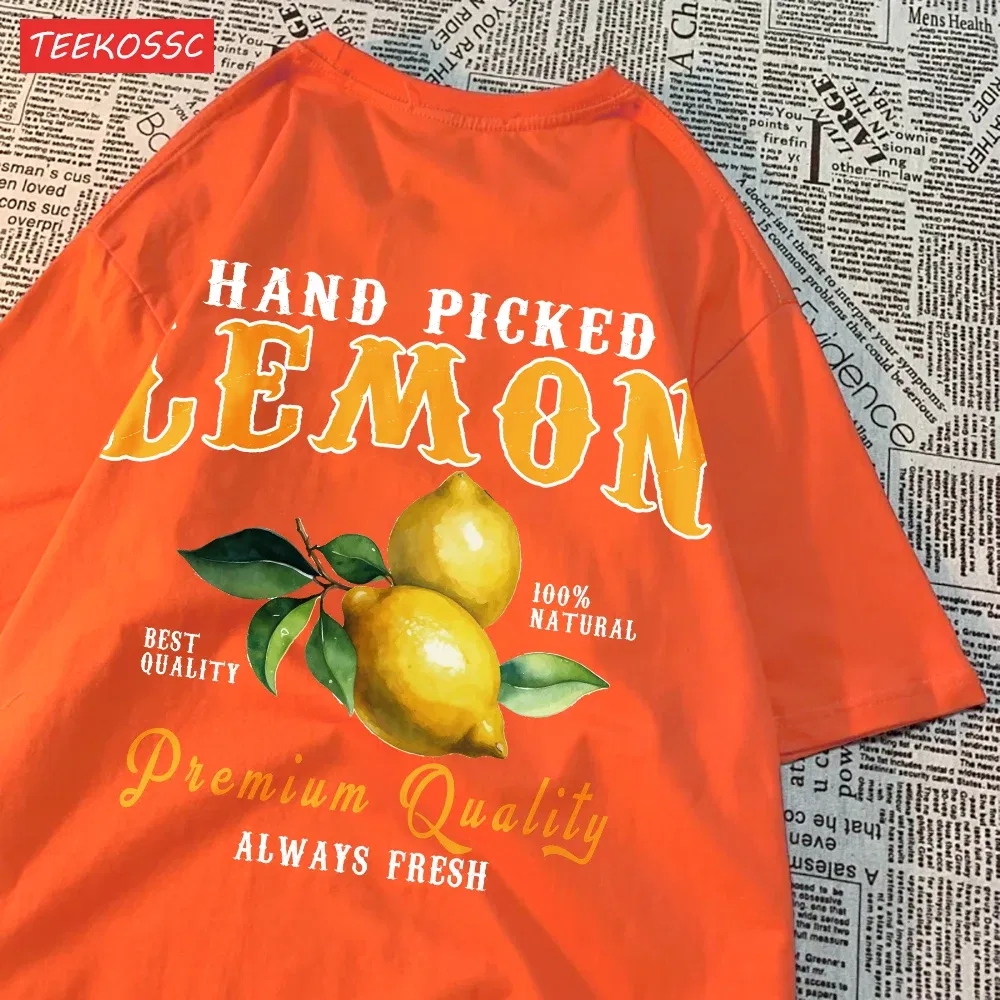 Color: camel, Size: M - Summer Lemon Cherries Prints T-Shirts Cotton Women's Tops Oversize O-Neck Soft Short Sleeve tees Street Casual Womans Clothes