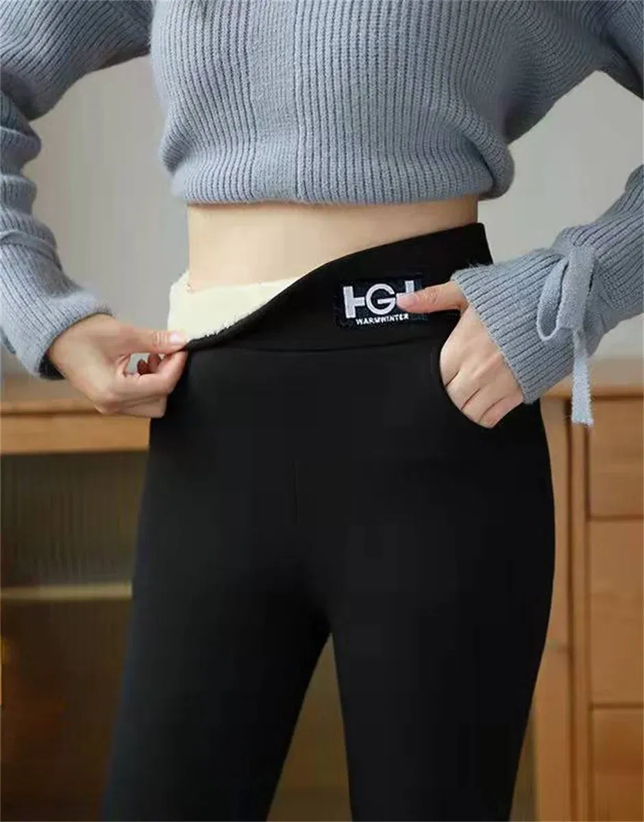 Color: Beige, Size: S - Winter Women Leggings Solid Warm Leggings Thicken Lambwool Hight Waist Fleece Keep Butt Lift High Stretchy Walking Pants Pocket