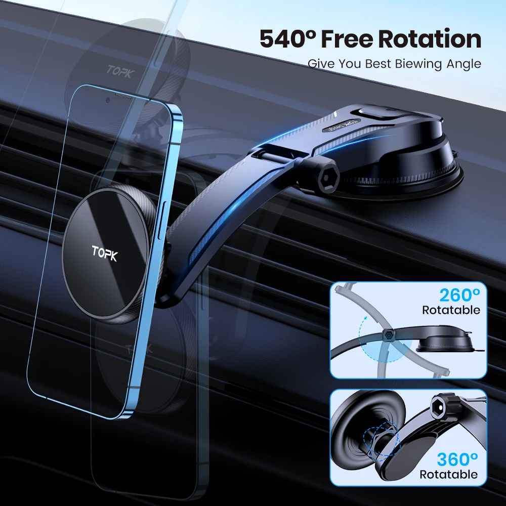 TOPK Mag-safe Magnetic Car Phone Holder Mount,Adjustable horizontally &vertically Single-Hand Operation for iPhone 15 14 13 Plus