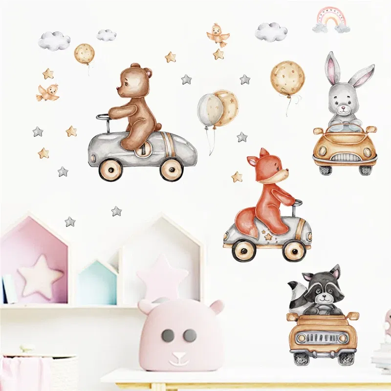Color: army green - Funny Animals Bird Swinging Wall Stickers Kids Room Decoration Diy Cartoon Monkey Giraffe Lion Mural Art Pvc Posters Home Decals
