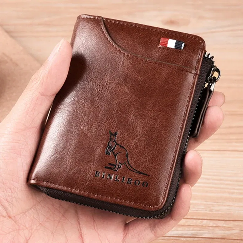 Color: black - Luxury Designer Leather Men's Wallet RFID Zipper Card Holder Wallets for Men Portable Short Male Wallets Handbag