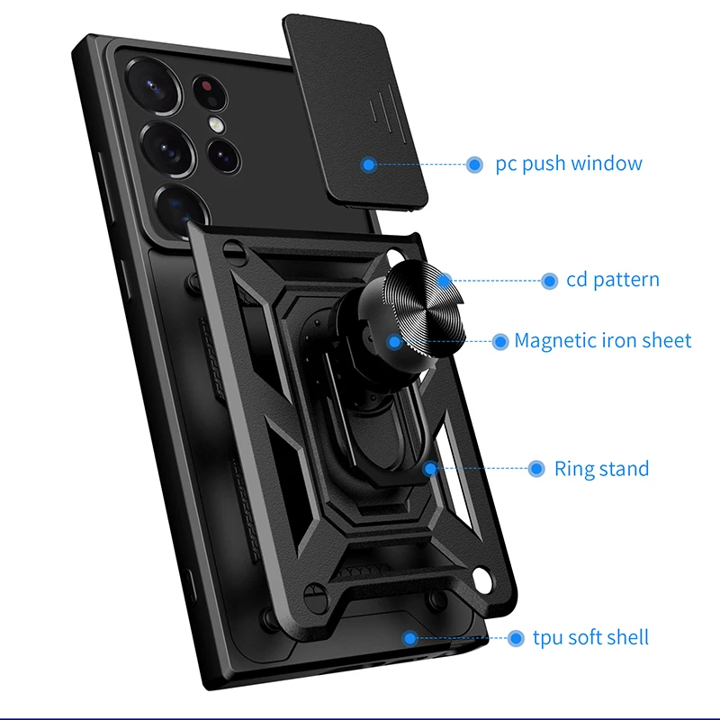 Material: PE, Color: Black - Shockproof Armor Case For Samsung Galaxy S20 S21 S22 S23 S24 Plus Ultra FE With Car Magnetic Ring Holder Phone Cover