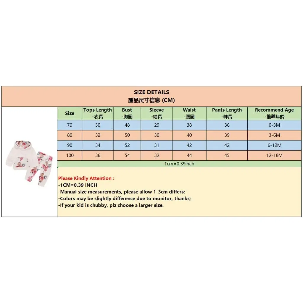 Color: WHITE, Kid Size: 3M - 0-18 Months Toddler Baby Girl 3PCS Hooded Clothes Set Flowers Print Long Sleeve Top+Pant+Bowknot Headband Fashion Autumn Outfit