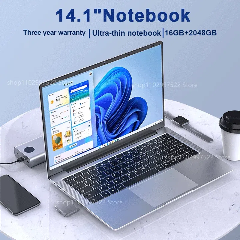Color: Brown, Ships From: CHINA - Top Laptop Computer Windows 11 Pro Ultra Slim Notebook 14.1 Inch Intel Pentium N3700 16GB 1024GB Office Study PC Computer