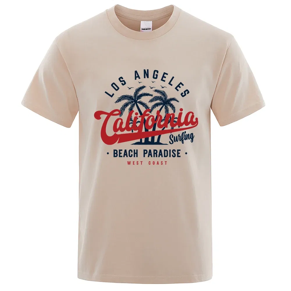 Color: GRAY, Size: XXXL - Los Angeles California Beach Paradise Men Tops Fashion Crewneck T Shirt Cotton Summer T-Shirt Breathable Oversize Clothes