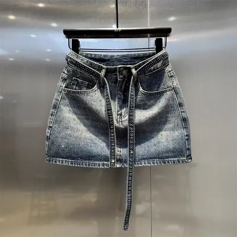 Color: black, Size: L - Oversize Retro Diamond Denim Mini Skirt for Women Summer High Waist Shiny Rivet Slim Skirts Gradient Black Grey Jean Skirts