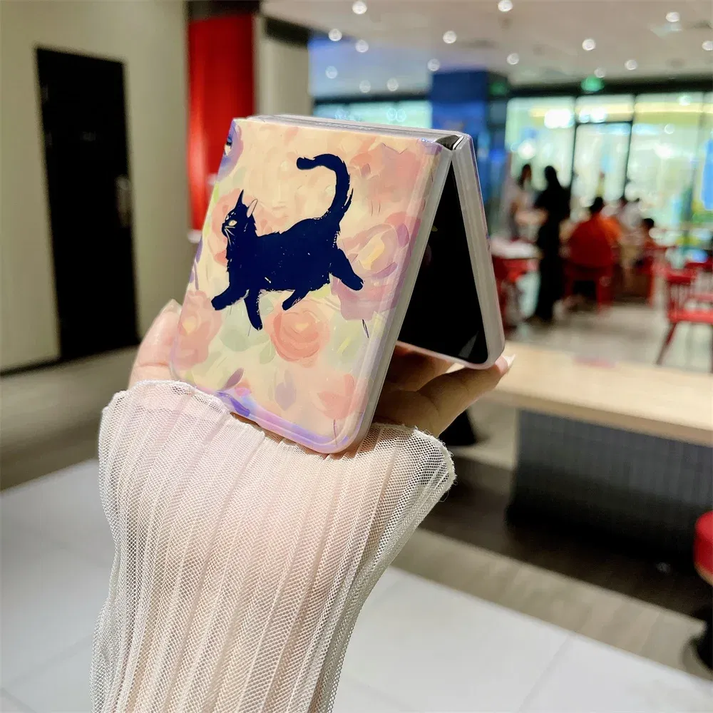 Material: Canvas, Color: Sky blue - Cute Lazy Cat Deer Oil Painting Z Flip 3 4 5 Case Luxury for Samsung Galaxy Z Flip 4 3 5 Z4 Flip4 Flip3 Flip5 Fashion Cover