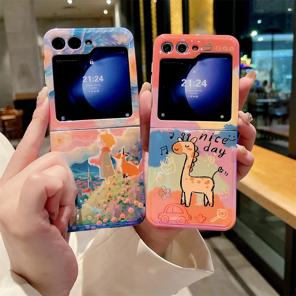 Material: Canvas, Color: Sky blue - Cute Lazy Cat Deer Oil Painting Z Flip 3 4 5 Case Luxury for Samsung Galaxy Z Flip 4 3 5 Z4 Flip4 Flip3 Flip5 Fashion Cover
